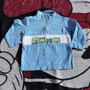 VINTAGE DELANY BLUE CORDUROY EMBROIDERED TRAIN JACKET SIZE 24 MONTHS